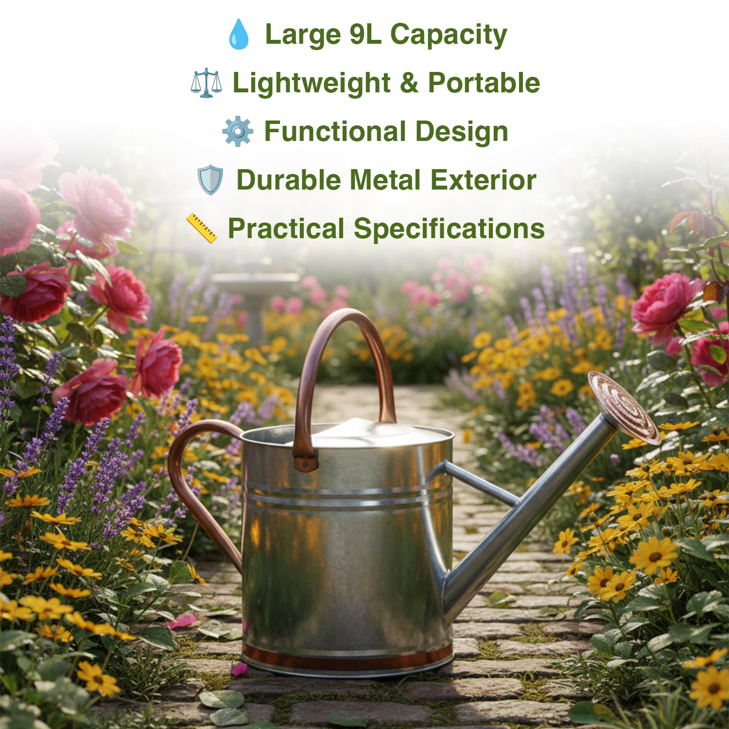 Woodside 9L Metal Garden and Plant Watering Can with Rose