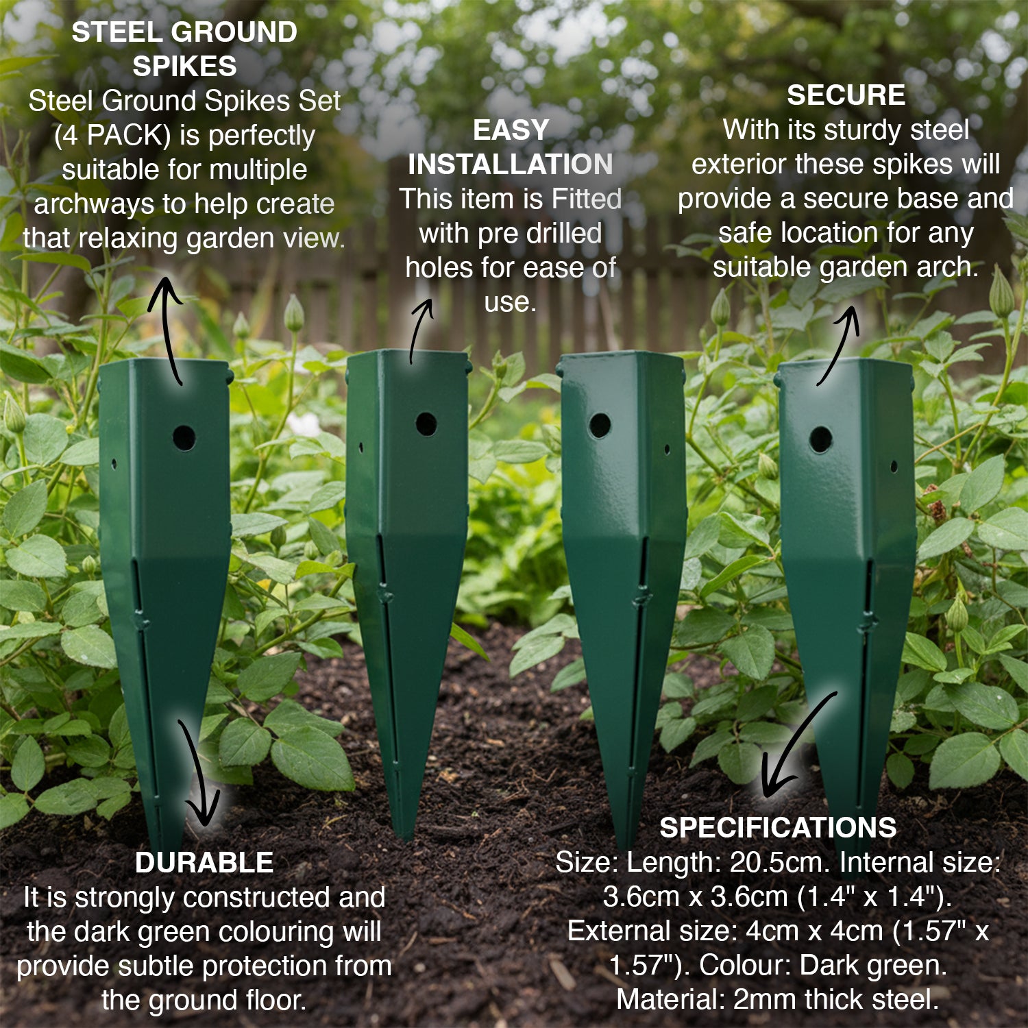 Woodside Steel Garden Arch/Trellis Plant Support Ground Spikes - 4 PACK