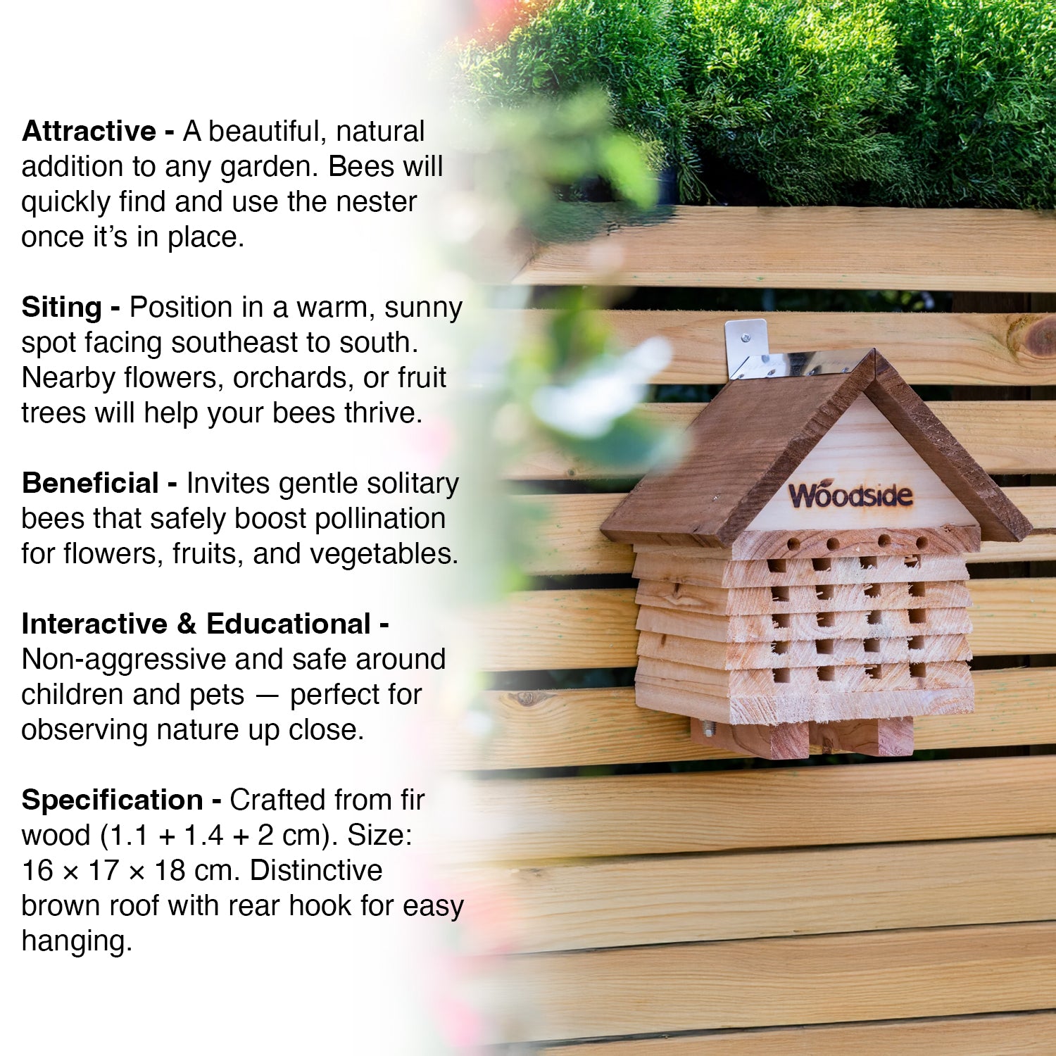 Woodside Wooden Garden Bee House, Natural Bug/Insect Hotel, Outdoor Nest Box