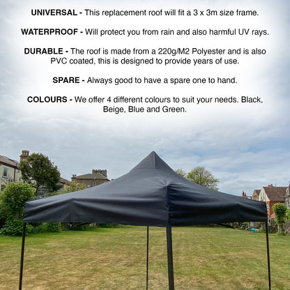Woodside Replacement Gazebo Roof for 3mx3m Frame, Heavy Duty, Waterproof, Black