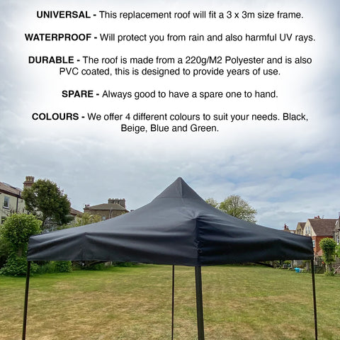 Woodside Replacement Gazebo Roof for 3mx3m Frame, Heavy Duty, Waterproof, Black