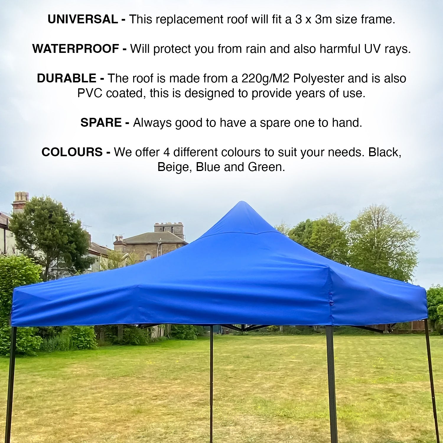 Woodside Replacement Gazebo Roof for 3mx3m Frame, Heavy Duty, Waterproof, Blue