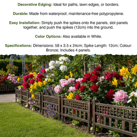 Woodside Bronze Decorative Plastic Garden Fence Panels, Border Edging (4 pack)