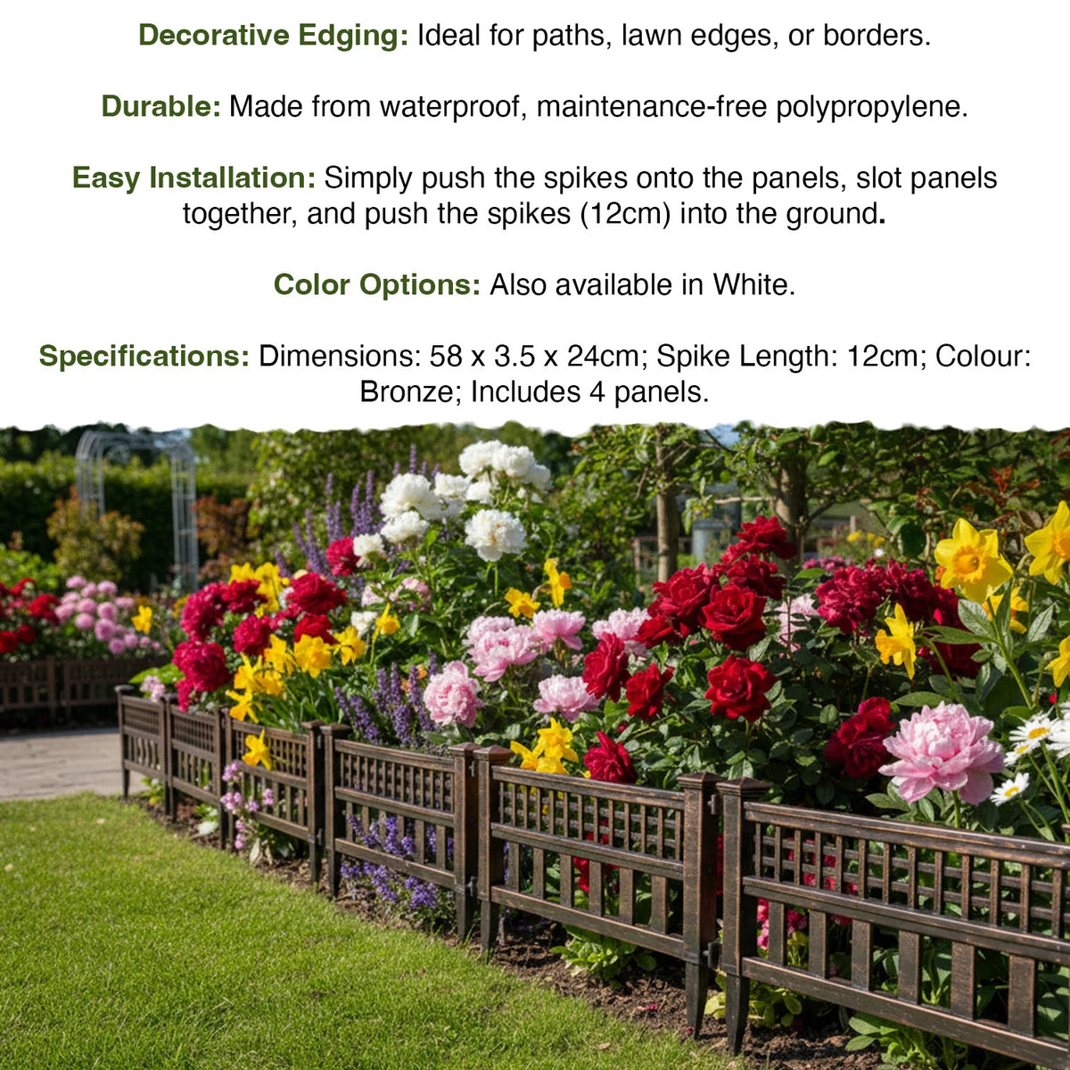 Woodside 8 Pack Bronze Decorative Plastic Garden Fence Panels – Flower Border & Lawn Edging
