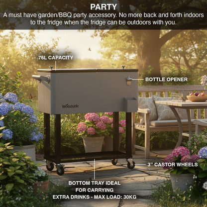 Woodside 76L Rolling House Party/BBQ Drinks Cooler, Cool Box Ice Bucket Cart