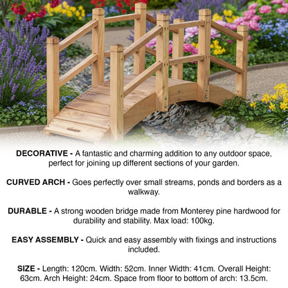 Woodside Wooden Decorative Garden Bridge Ornament for Ponds/Streams/Borders, 1.2m