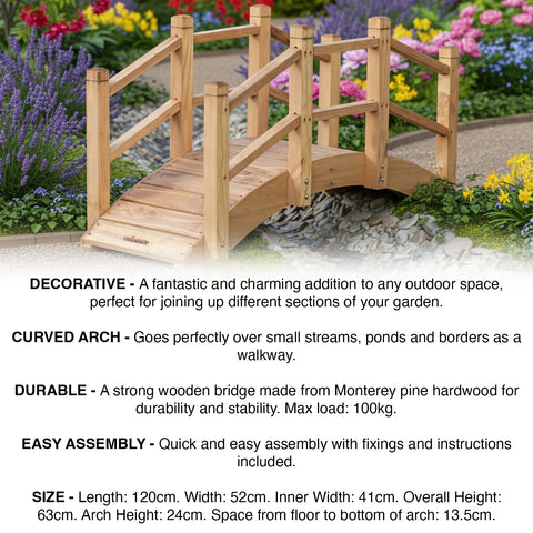Woodside Wooden Decorative Garden Bridge Ornament for Ponds/Streams/Borders, 1.2m