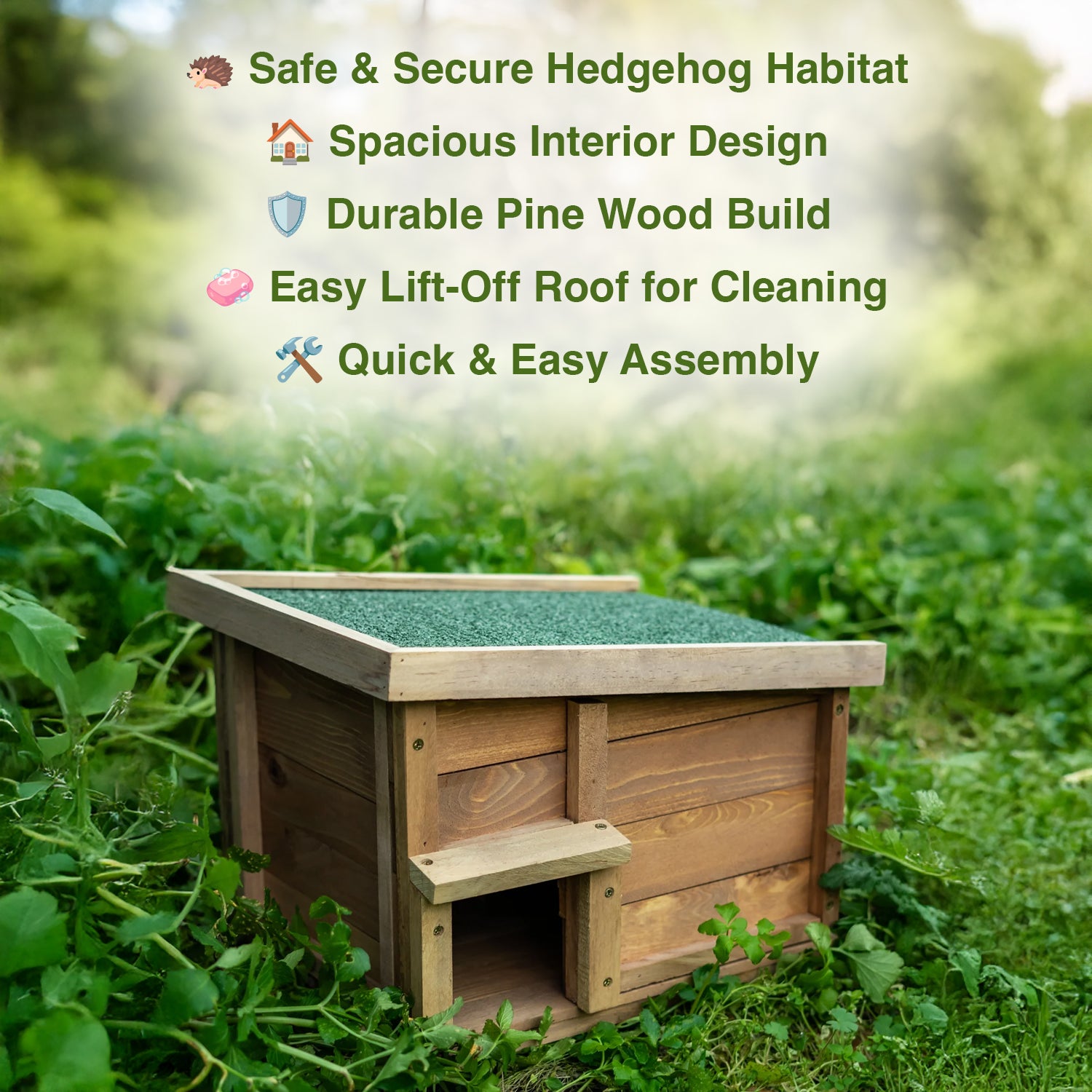 Hedgehog habitat with green roof and wooden body in a natural setting