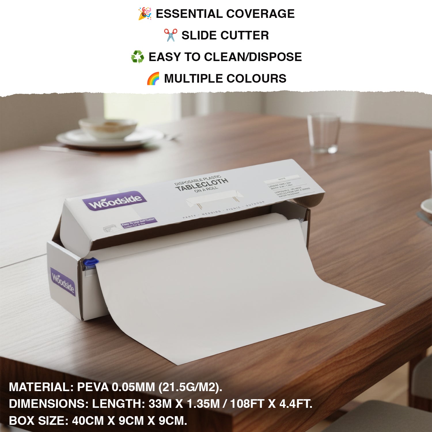 Woodside Disposable Plastic Table Cloth Roll for Parties & Events 33m x 1.35m