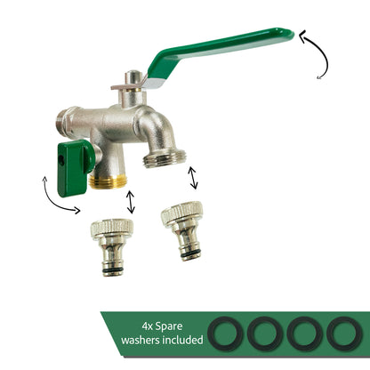 Woodside Brass Nickel Plated ½ Double Outlet Garden Tap, 2 x ¾" Hose Connectors