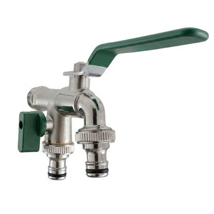 Woodside Brass Nickel Plated ½ Double Outlet Garden Tap, 2 x ¾" Hose Connectors