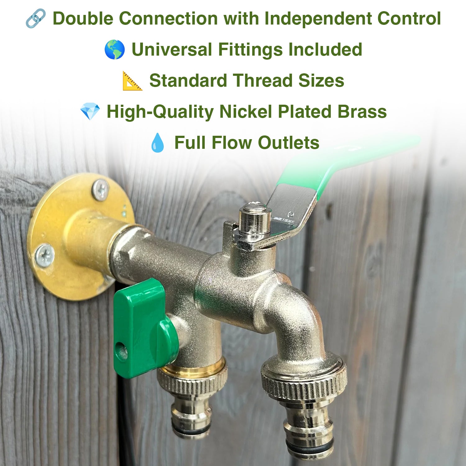 Woodside Brass Nickel Plated ½ Double Outlet Garden Tap, 2 x ¾" Hose Connectors