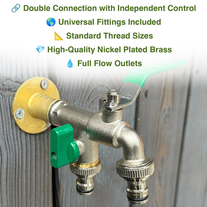 Woodside Brass Nickel Plated ½ Double Outlet Garden Tap, 2 x ¾" Hose Connectors