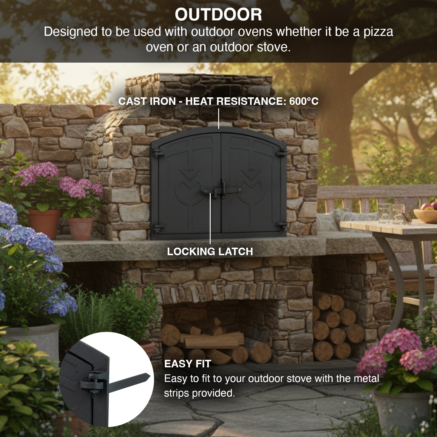 Outdoor oven with stone wall and garden setting, featuring text about its features.