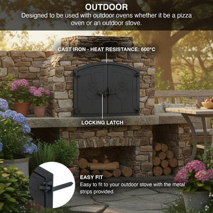 Outdoor oven with stone wall and garden setting, featuring text about its features.