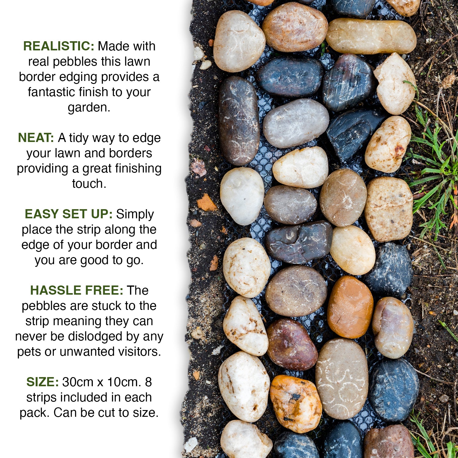 Lawn border edging made with real pebbles on a garden background