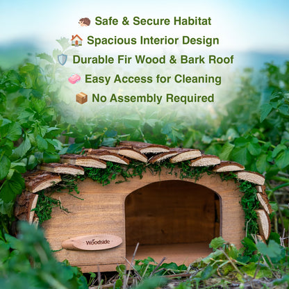 Woodside Hedgehog House & Hibernation Shelter with Bark Roof, Predator Proof Outdoor Habitat