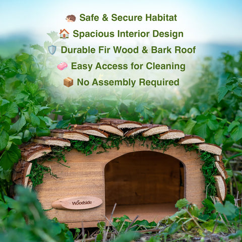 Woodside Hedgehog House & Hibernation Shelter with Bark Roof, Predator Proof Outdoor Habitat