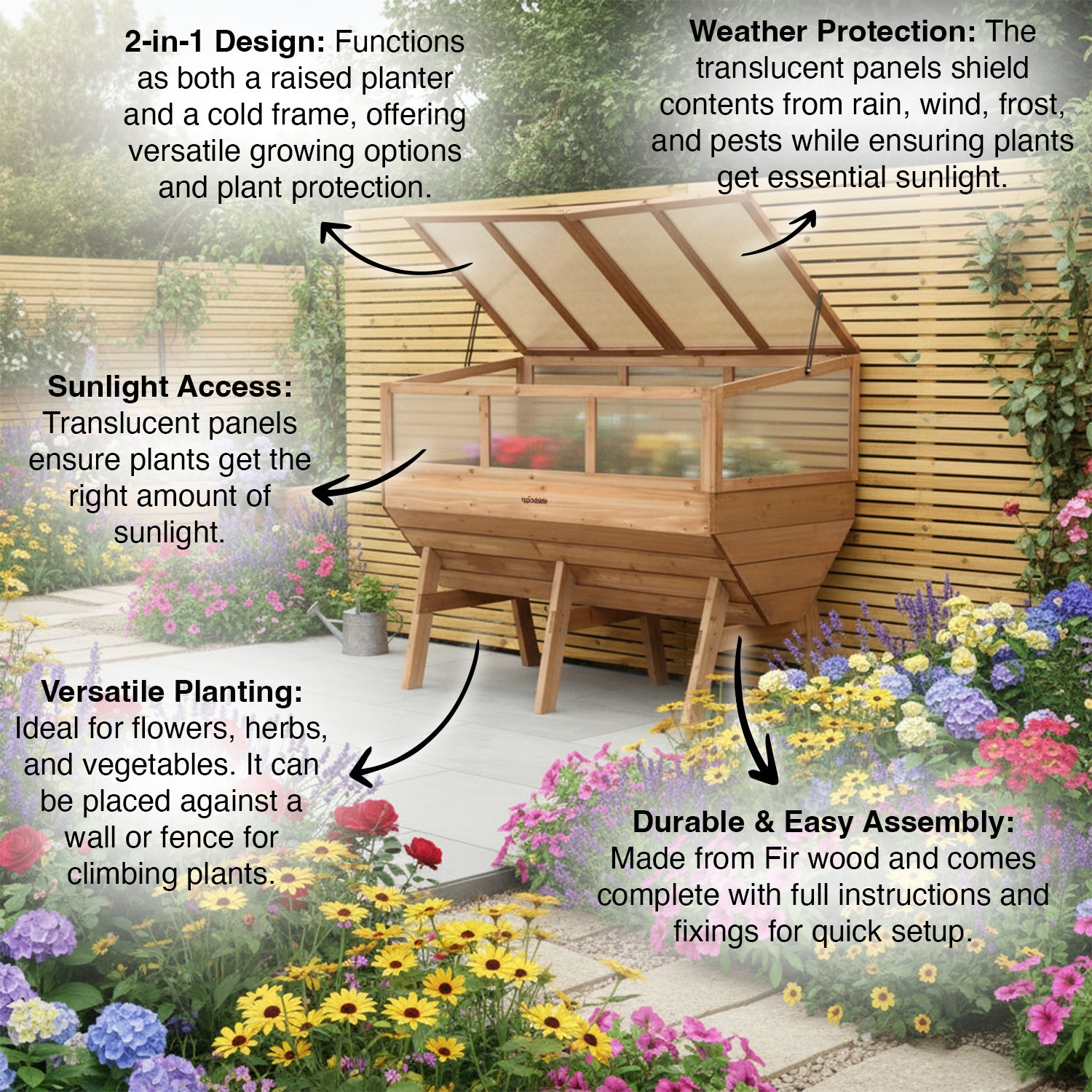 Woodside Raised Wooden Garden Planter + Cold Frame/Growhouse Plant & Veg Box, Large 150cm