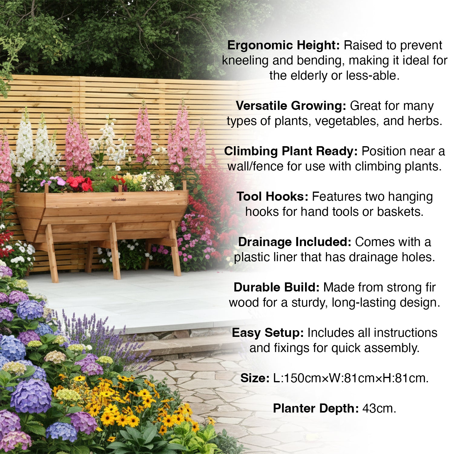 Woodside Raised Wooden Garden Bed Planter, Plants & Vegetable/Herb Box, Large 150cm