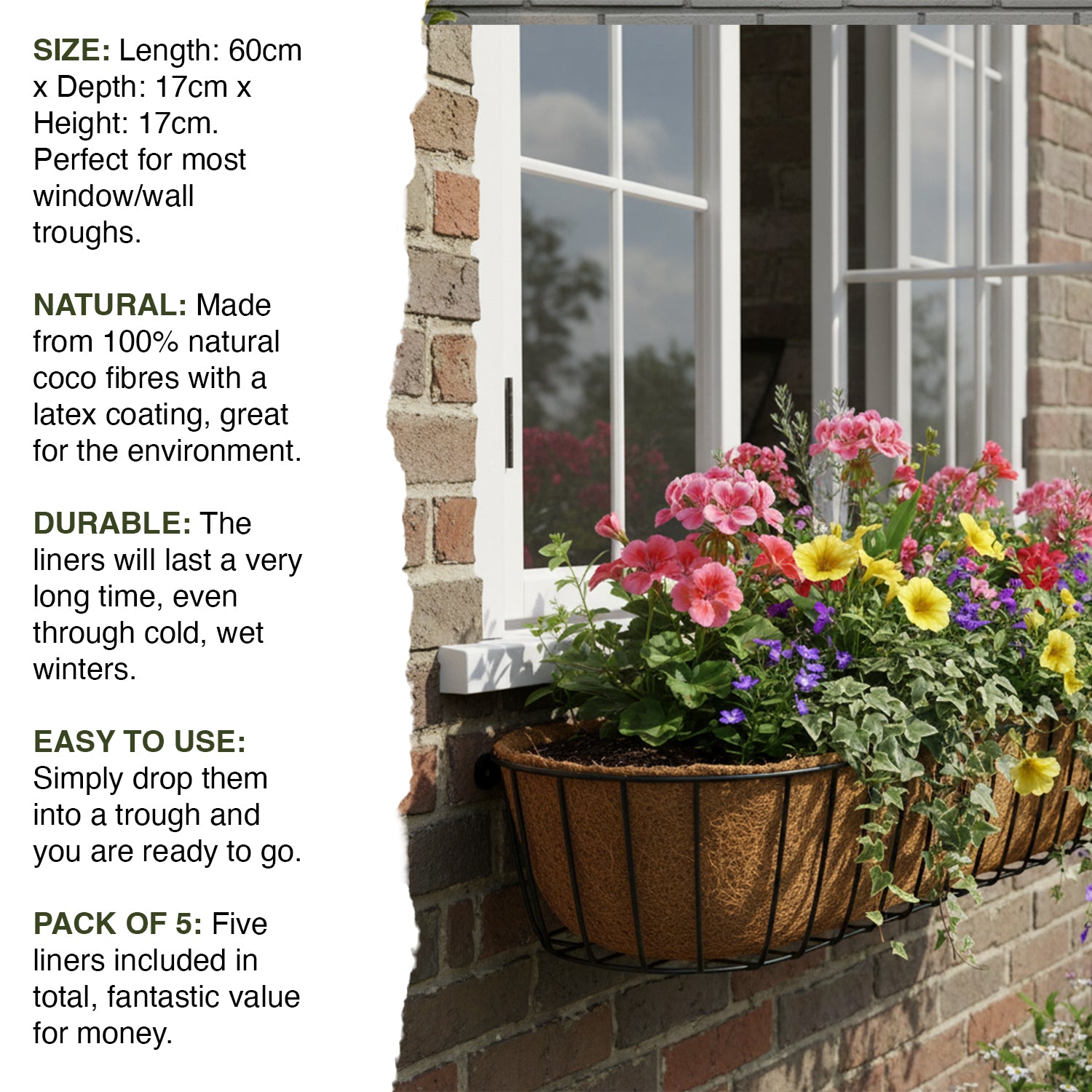 Woodside Extra Deep Natural Coco Fibre Wall/Window Trough Replacement Liners, 60cm, pack of 5