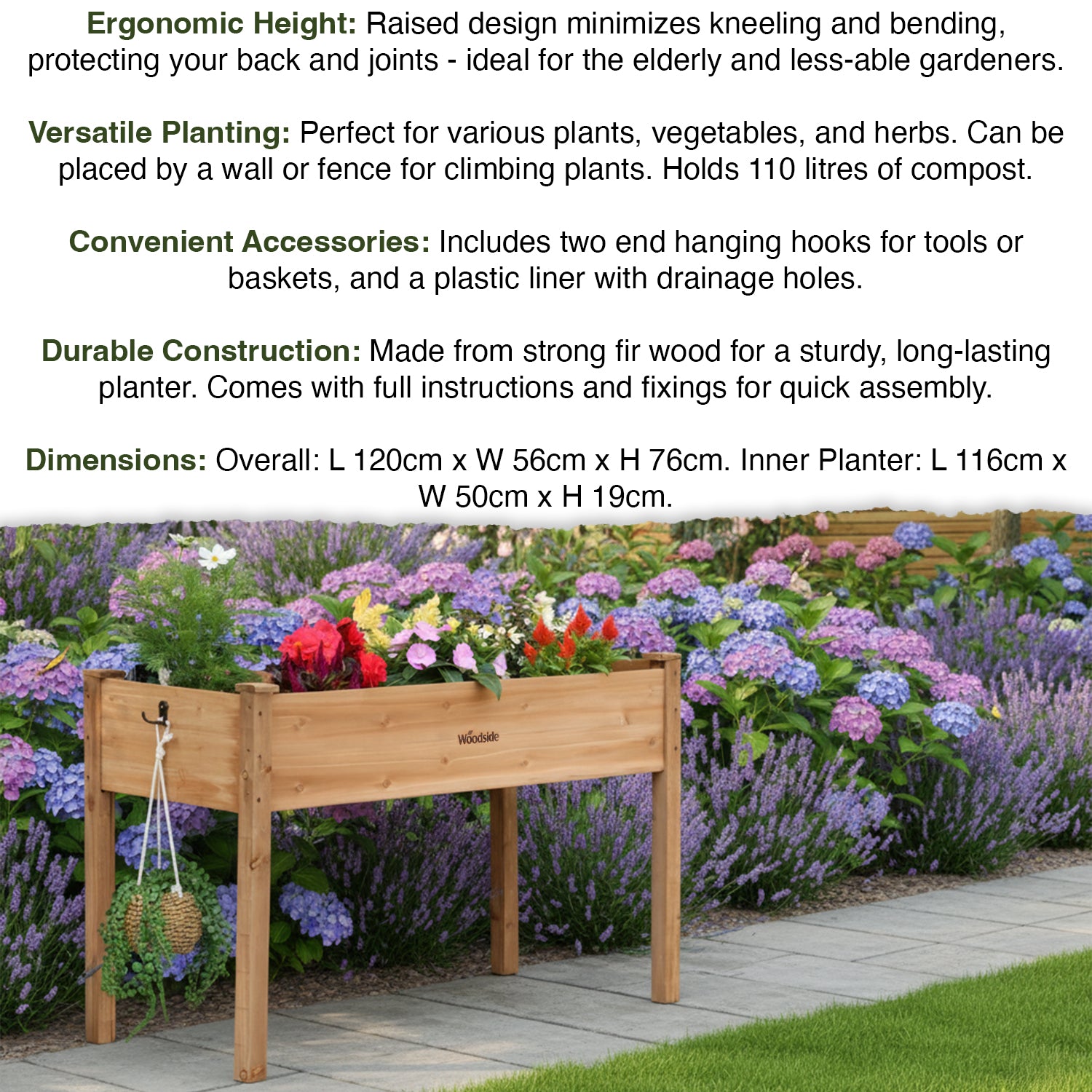 Woodside raised wooden garden bed planter with plants and vegetables, ideal for growing herbs and vegetables in a home garden.