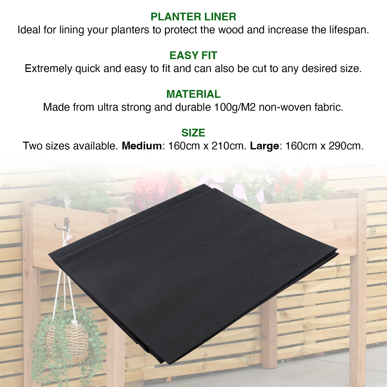 Woodside Fabric Liner for Raised Bed Planter & Veg Trough, Heavy Duty Non Woven Fabric
