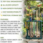 Garden tool organizer with tools in a garden setting, featuring text on features and specifications.