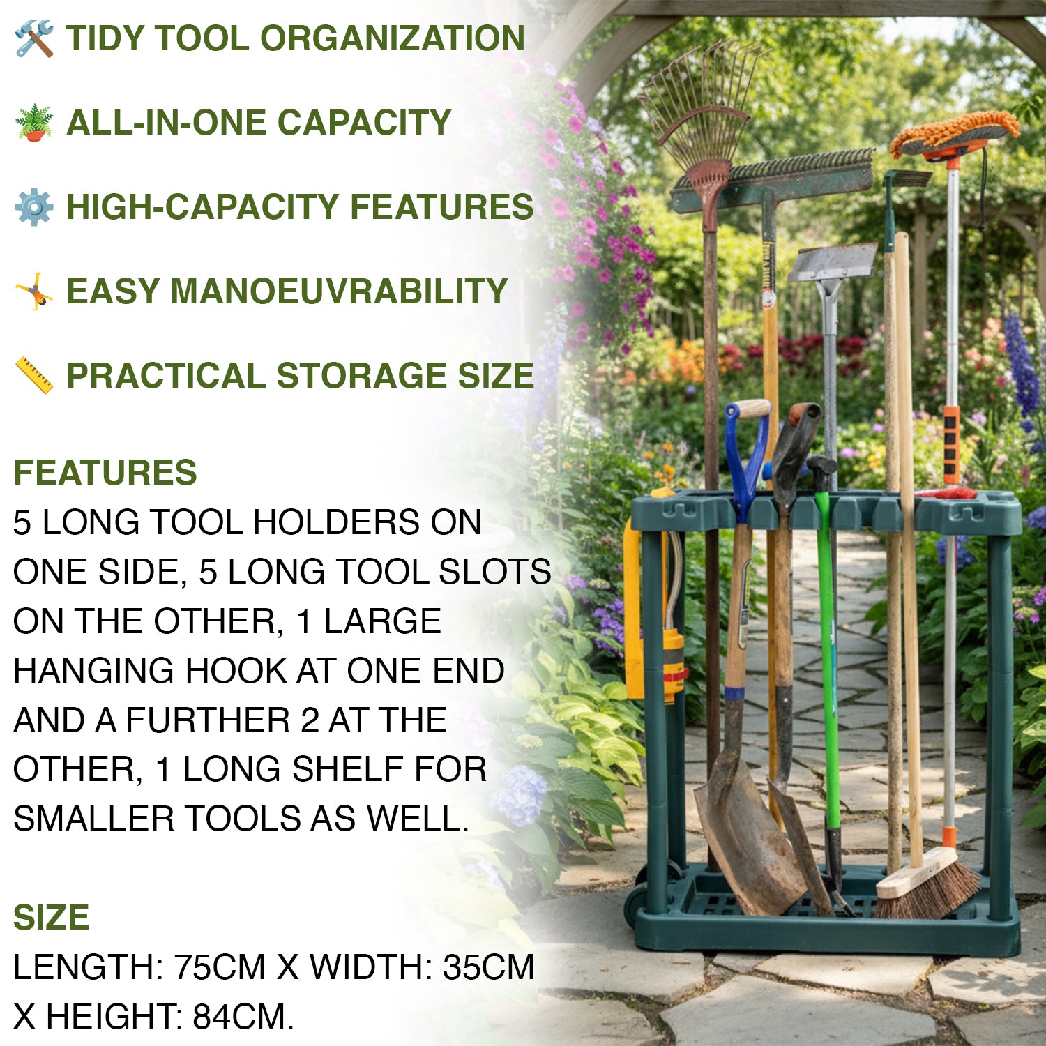 Garden tool organizer with tools in a garden setting, featuring text on features and specifications.