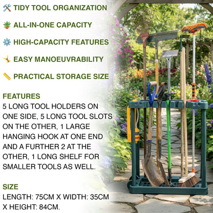 Garden tool organizer with tools in a garden setting, featuring text on features and specifications.