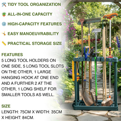 Garden tool organizer with tools in a garden setting, featuring text on features and specifications.