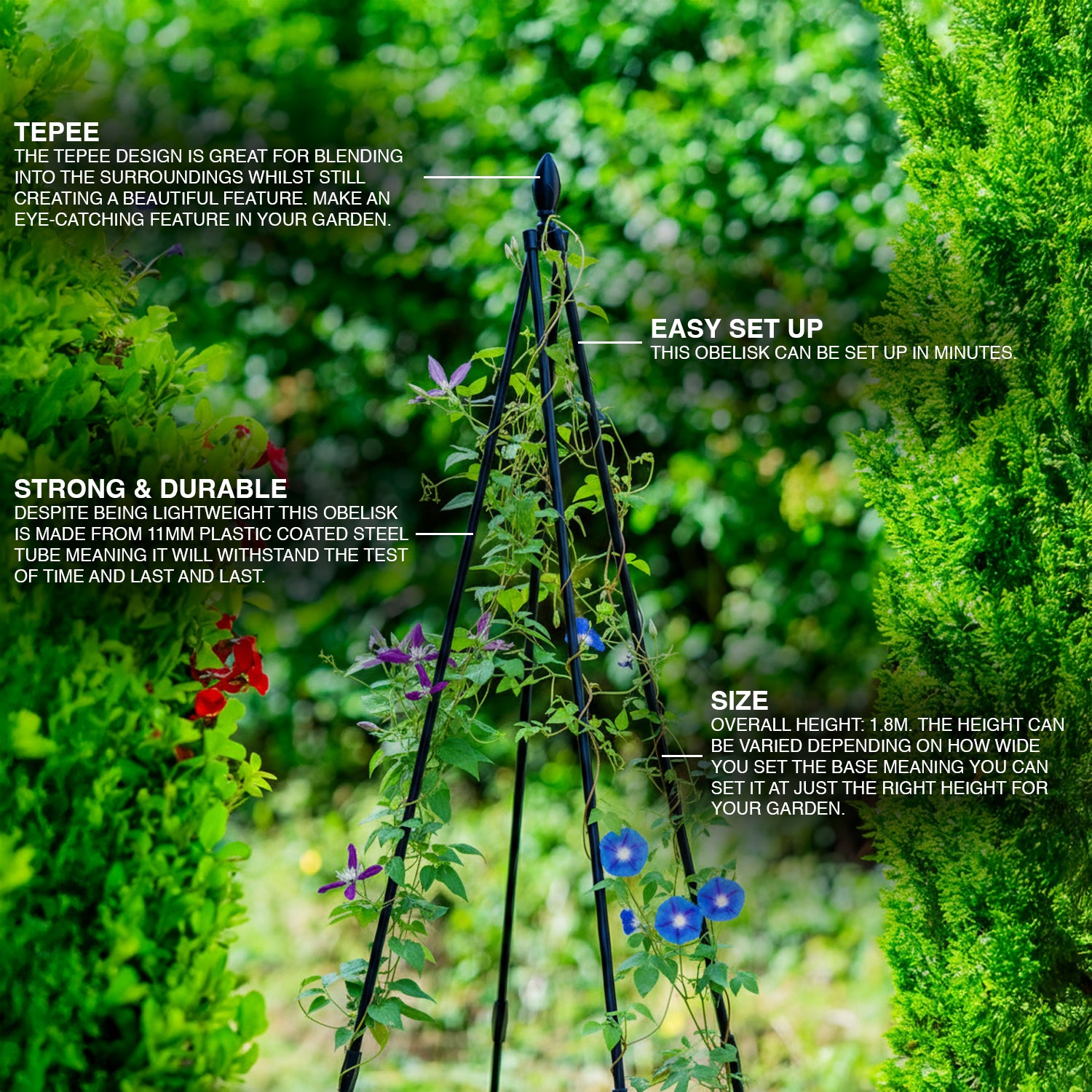 Woodside 1.8m Metal Garden Tepee Obelisk, Steel Climbing Plant Support Trellis/Frame