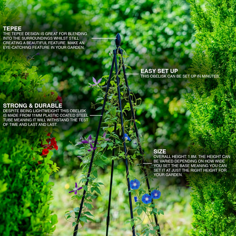 Woodside 1.8m Metal Garden Tepee Obelisk, Steel Climbing Plant Support Trellis/Frame