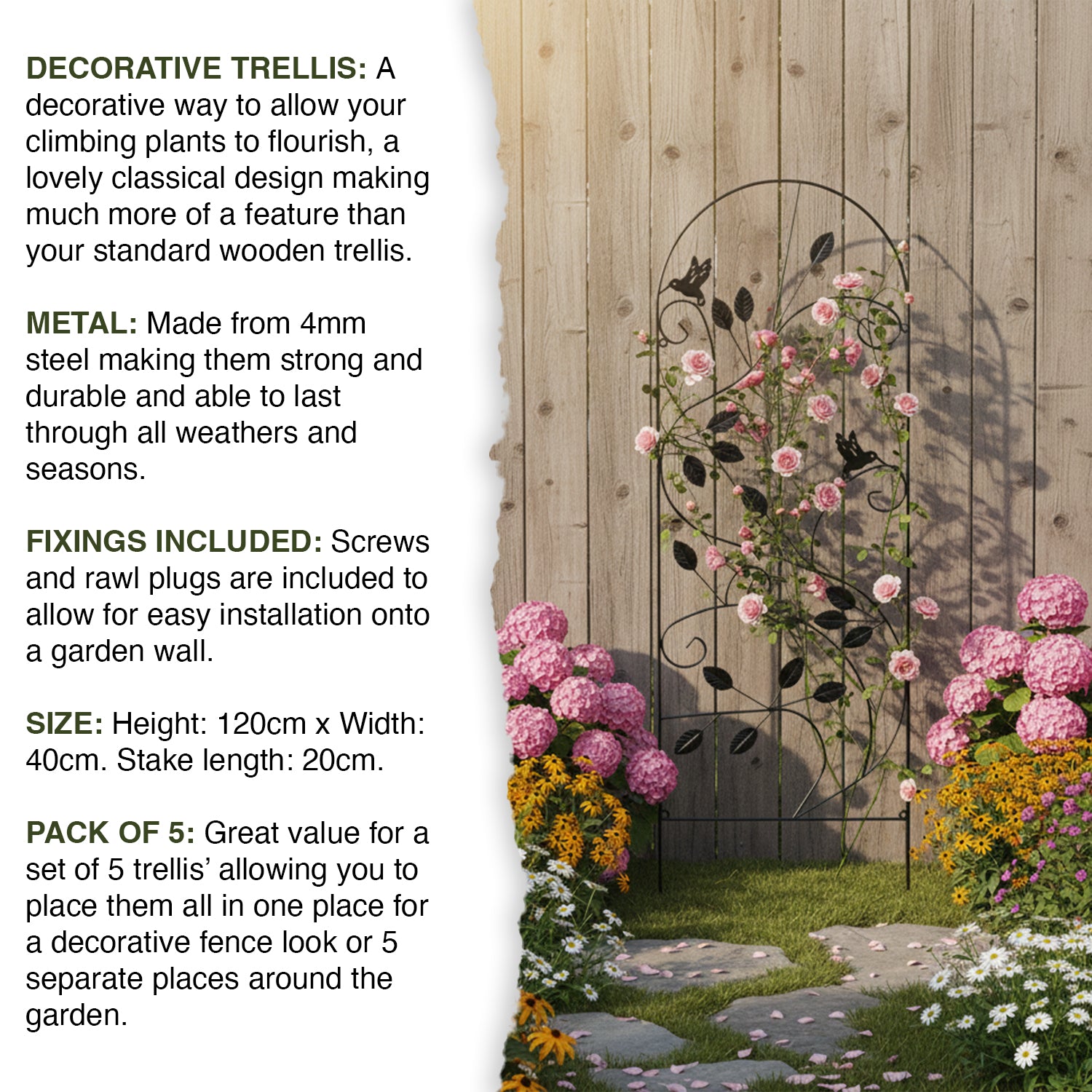 Woodside Hales Metal Garden Trellis Climbing Plant Support Frame, pack of 5