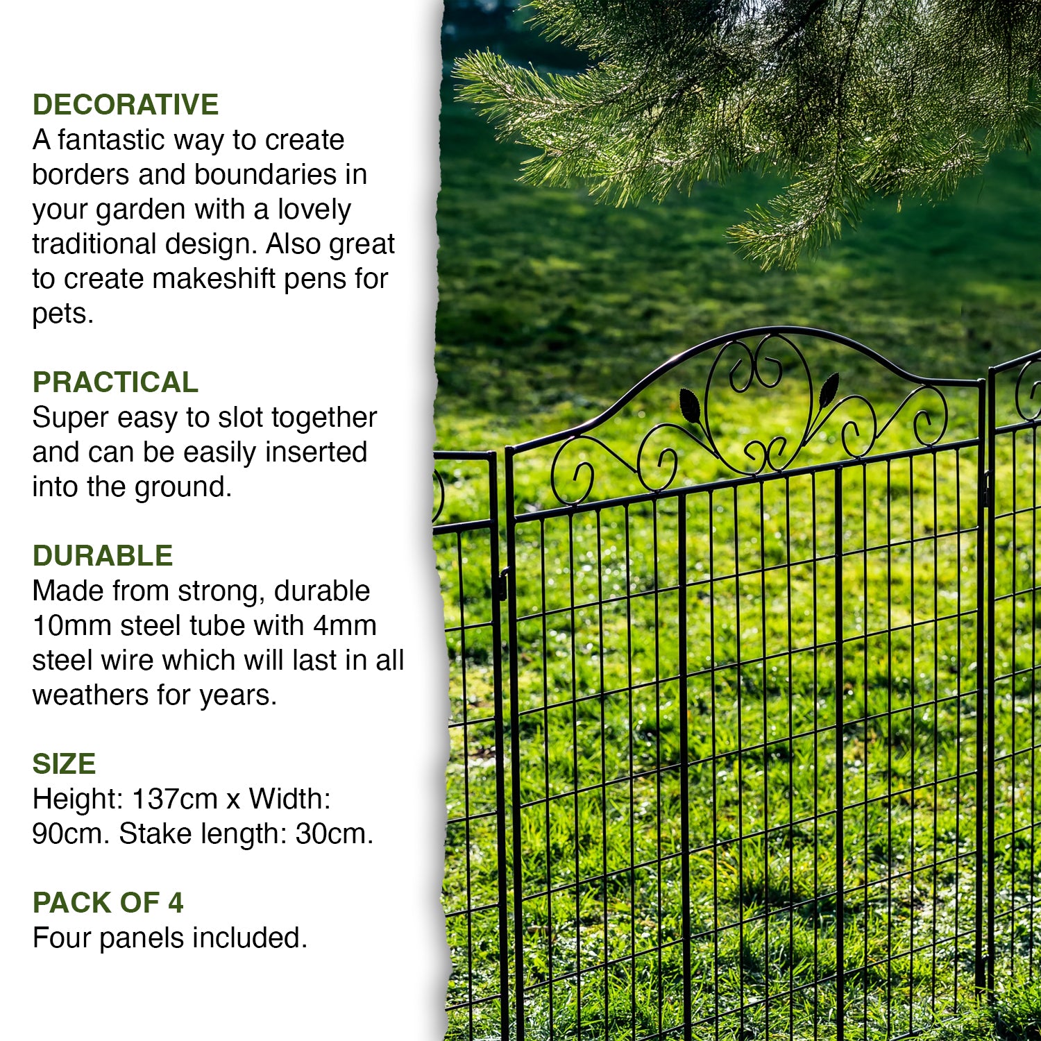 Woodside Brooke Metal Garden Decorative Border Fencing, Outdoor Edging Pack of 4