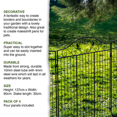 Woodside Brooke Metal Garden Decorative Border Fencing, Outdoor Edging Pack of 4