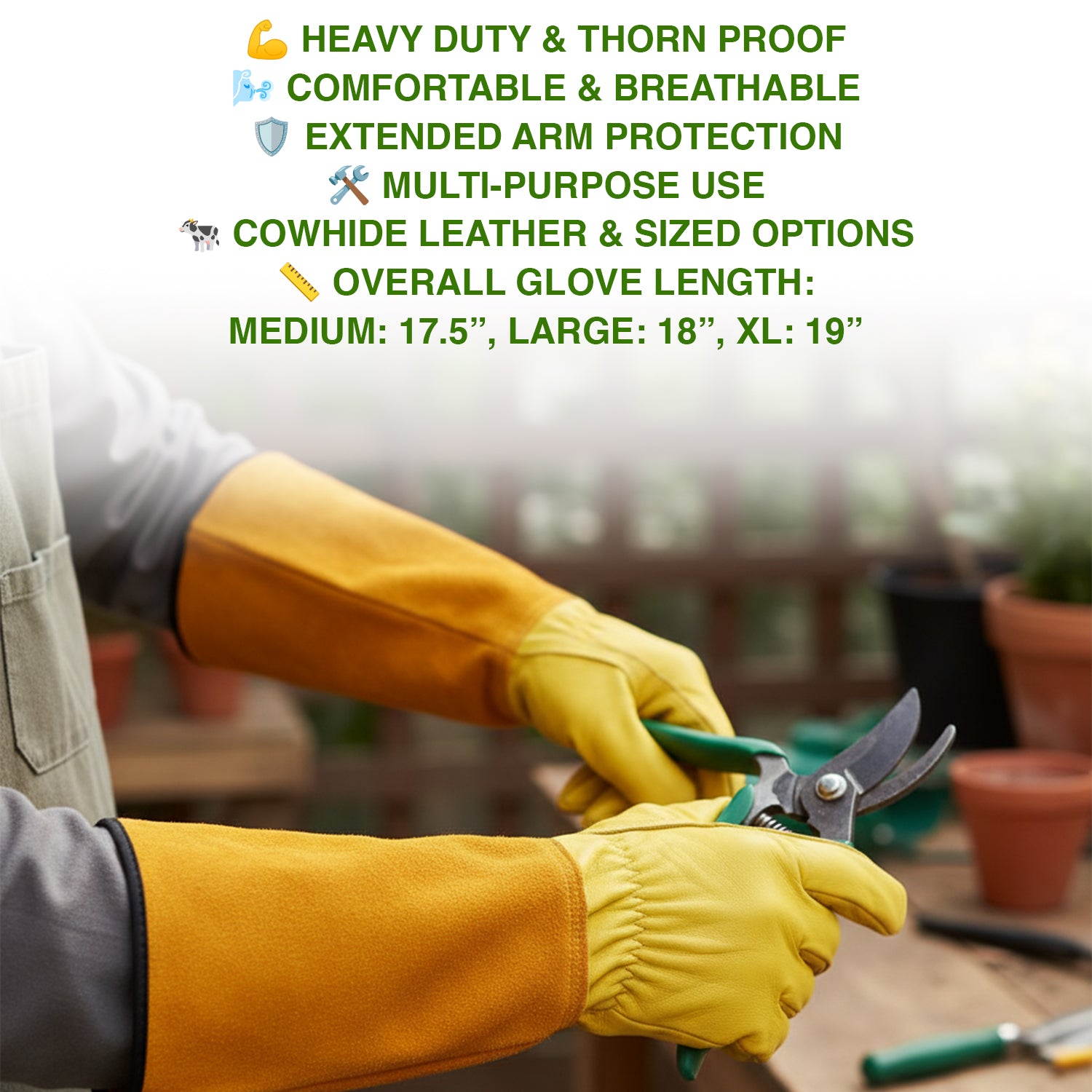 Person wearing yellow gardening gloves holding garden shears with product features listed above.