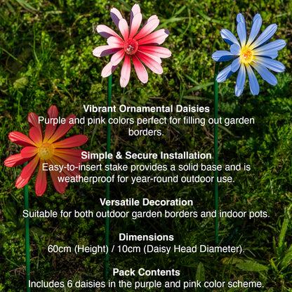 Woodside Pink & Purple Ornamental Metal Garden Daisy Flower Stakes, Pack of 6