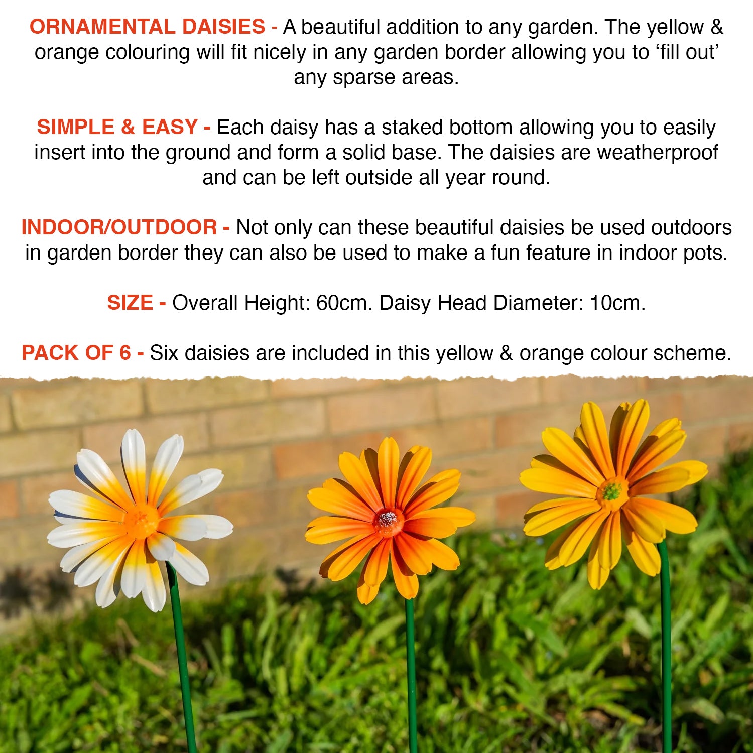 Woodside Yellow & Orange Ornamental Metal Garden Daisy Flower Stakes, Pack of 6