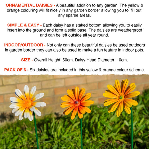 Woodside Yellow & Orange Ornamental Metal Garden Daisy Flower Stakes, Pack of 6