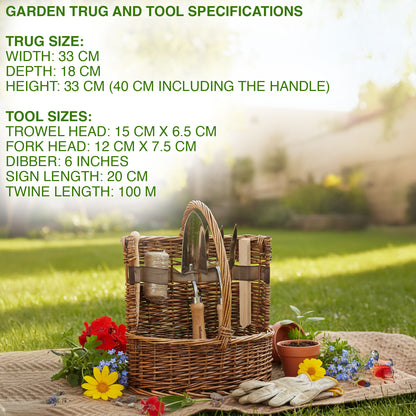 Woodside Willow Tool Basket/Trug with Garden Hand Tools Trowel/Fork/Dibber