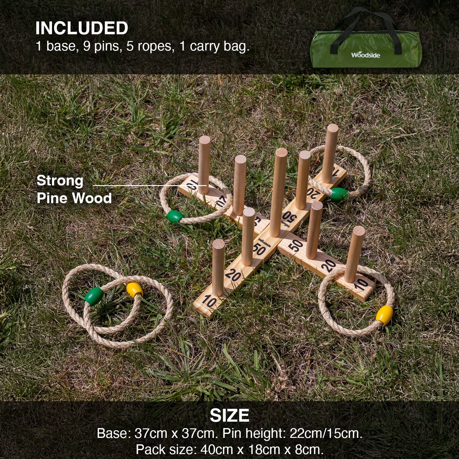 Wooden ring toss game set on grass with product details and Woodside branding.