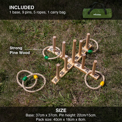 Wooden ring toss game set on grass with product details and Woodside branding.
