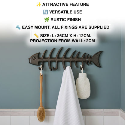 Woodside Decorative Fish Bones Wall Mounted Towel Rack, Cast Iron Rustic Hanger