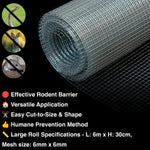 Roll of wire mesh with pest control features and specifications on a black background