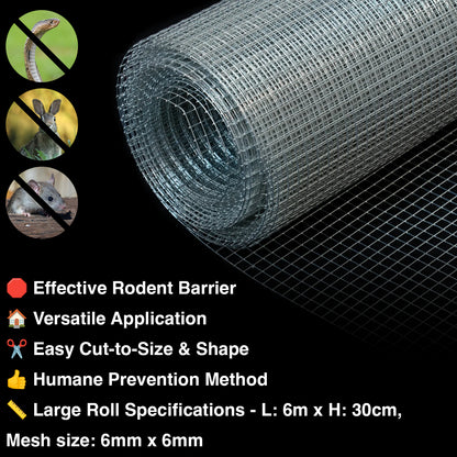 Roll of wire mesh with pest control features and specifications on a black background