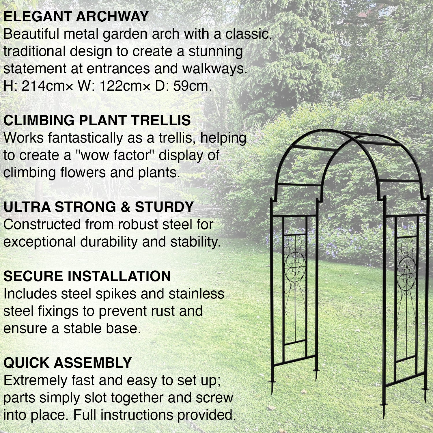 Woodside Northwold Metal Garden Arch, Traditional Decorative Archway for Paths/Entrances
