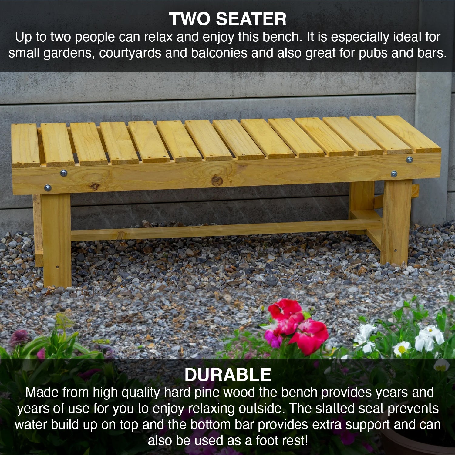 Woodside 2 Seater Garden Patio Bench, Outdoor Wooden Loveseat, Hard Pine Wood