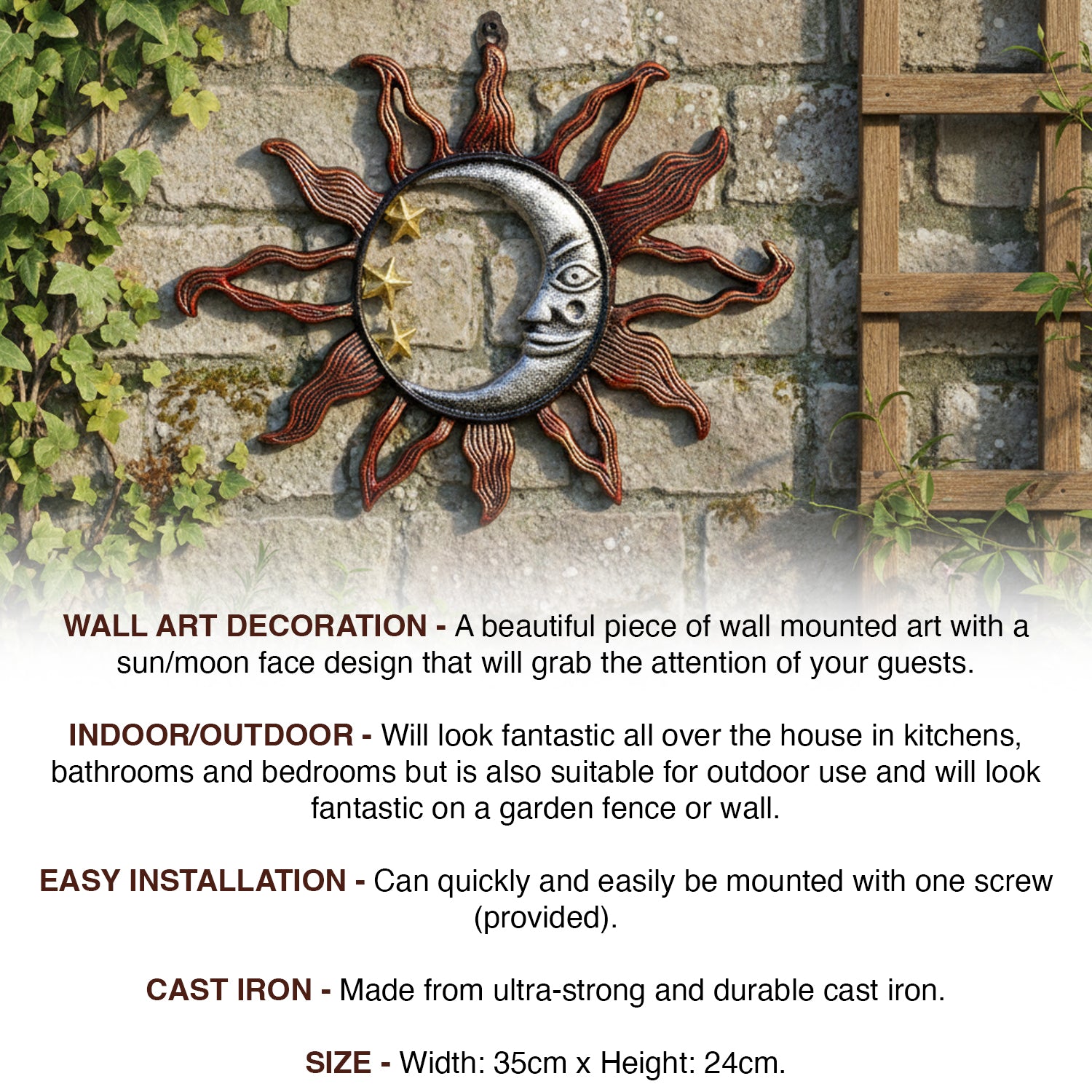 Woodside Wall Mounted Cast Iron Sun/Moon Face Indoor Outdoor Wall Art Decoration