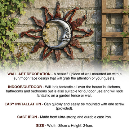 Woodside Wall Mounted Cast Iron Sun/Moon Face Indoor Outdoor Wall Art Decoration